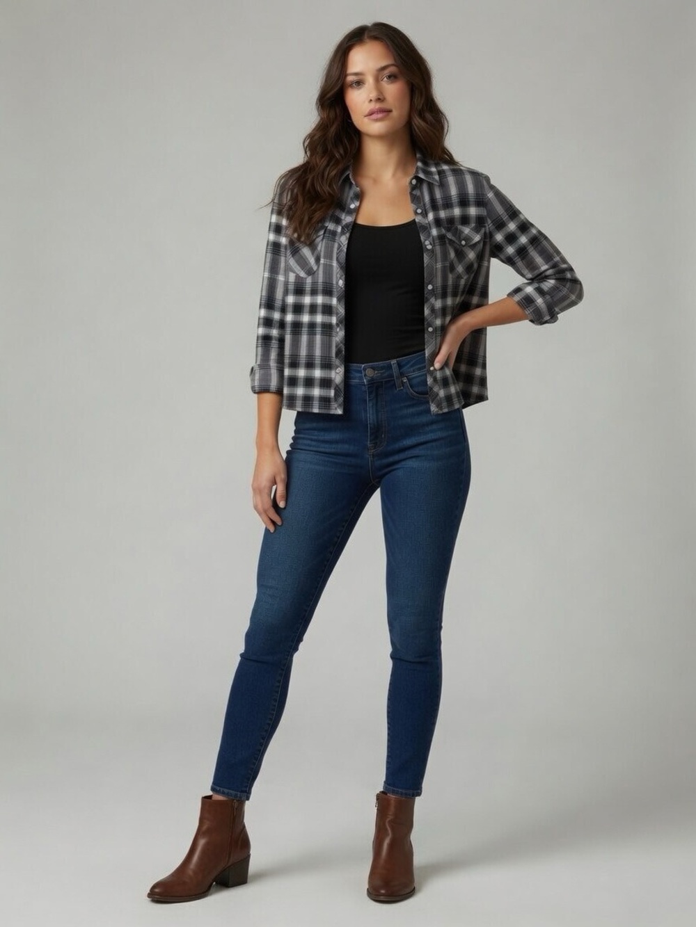 North River Outfitters Black & Gray Plaid Flannel Shirt